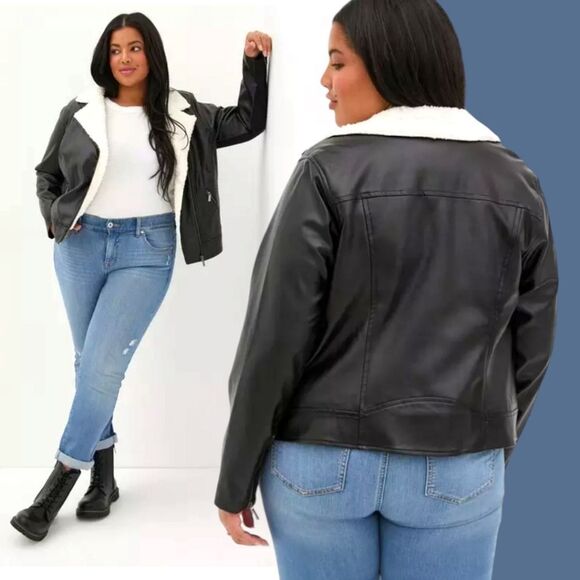 TORRID NEW FAUX LEATHER Sherpa Lined Black Moto Jacket Plus Size 2X NWT - Picture 1 of 16